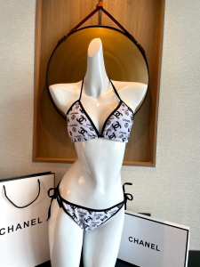 Chanel CC Logo Cotton Swimsuit Bikini White 
