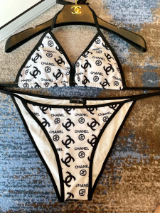 Replica Free Gift Chanel CC Logo Cotton Swimsuit Bikini White SML A123PP100 AA189298