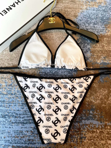 Replica Free Gift Chanel CC Logo Cotton Swimsuit Bikini White SML A123PP100 AA189298