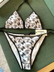 Replica Free Gift Chanel CC Logo Cotton Swimsuit Bikini White SML A123PP100 AA189298