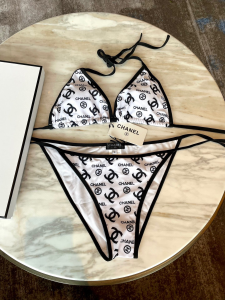 Replica Free Gift Chanel CC Logo Cotton Swimsuit Bikini White SML A123PP100 AA189298