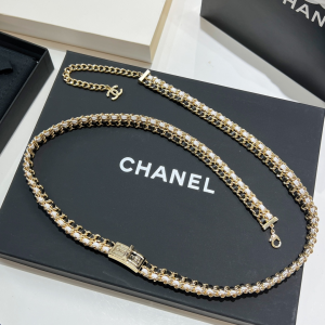 Replica Womens Belts Chanel Gold Black Chain Leather Belt AB8597 A62PP280 AA189574