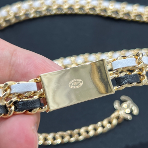Replica Womens Belts Chanel Gold Black Chain Leather Belt AB8597 A62PP280 AA189574
