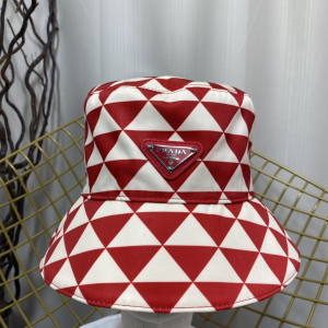 Prada Red White Triangle Logo Bucket Cap Hat 