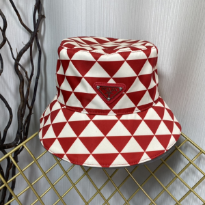 Replica Womens Hats Prada Red White Triangle Logo Bucket Cap Hat A190PP180 AA189664