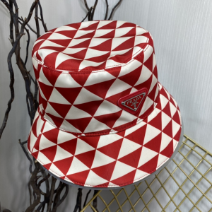 Replica Womens Hats Prada Red White Triangle Logo Bucket Cap Hat A190PP180 AA189664
