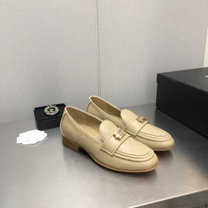 Chanel CC Logo Beige Leather Flat Loafers 