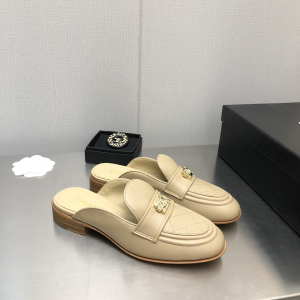 Chanel CC Logo Beige Leather Flat Mules 