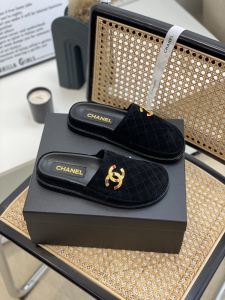 Chanel CC Logo Black Velvet Flat Mules 