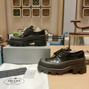 Replica Womens Shoes Prada Black Leather Lace Up Loafers 35 To 42 A151PP480 AA189812