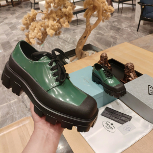 Prada Green Leather Lace Up Loafers 