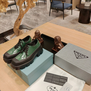 Replica Womens Shoes Prada Green Leather Lace Up Loafers 35 To 42 A151PP480 AA189811