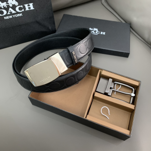 Replica Mens Belts Coach Signature Leather Belt in Black 38MM A175PP280 AA190293