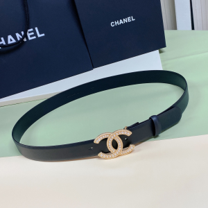 Chanel Pearl CC Logo Black Leather Belt 30MM 