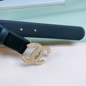 Essenceofluxury Womens Belts Chanel Pearl CC Logo Black Leather Belt 30MM A175PP240 AA191621