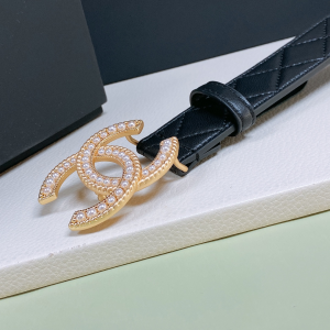 Essenceofluxury Womens Belts Chanel Pearl CC Logo Black Leather Belt 30MM A175PP240 AA191625