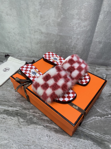 Hermes Flat Slide Sandal Red Mink Fur 