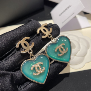 Chanel CC Logo Green Heart Earrings 