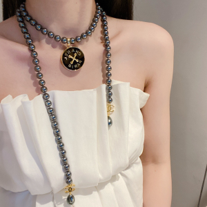Chanel Long Pearls Necklace Gray 