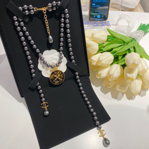 Essenceofluxury Womens Jewelry Chanel Long Pearls Necklace Gray A39PP280 AA193215