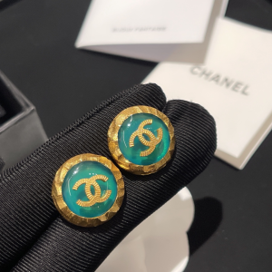 Chanel Gold CC Logo Round Earrings Green 
