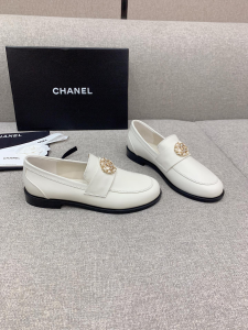 Chanel CC Logo Leather Loafers White 
