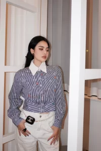 Essenceofluxury Womens Clothing Chanel Allover CC Log Shirt in Blue SML A198PP580 AA194512