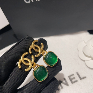 Chanel Gold CC Earrings Green 