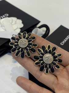 Chanel Crystals CC Logo Black Flower Earrings 