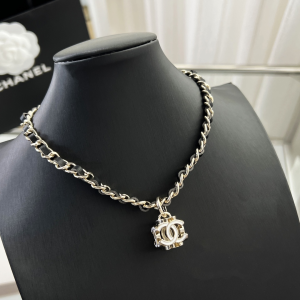 Chanel CC Logo Leather and Chain Necklace 