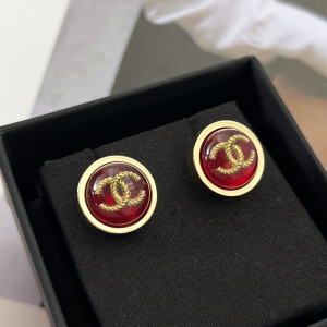 Chanel Gold CC Logo Round Earrings Red 