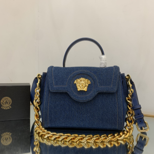 Versace LA Medusa Medium Chain Top Handle Shoulder Bag Denim Blue Versace LA Medusa Medium Chain Top Handle Shoulder Bag Denim Blue