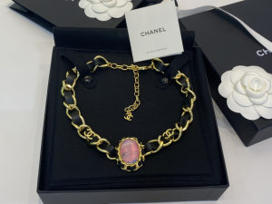 Chanel CC Logo Leather Chain Choker Necklace 