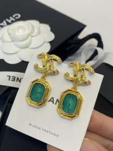 Chanel CC Logo Pendant Earrings Gold Green 