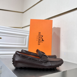 Hermes Leather Driver Flat Shoes Brown 