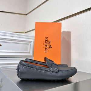 Hermes Leather Driver Flat Shoes Gray 