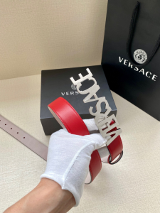 Versace Lettering VERSACE Buckle Plaque Leather Belt Red 30MM Versace Lettering VERSACE Buckle Plaque Leather Belt Red 30MM