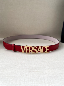 Versace Lettering VERSACE Buckle Plaque Leather Belt Red 30MM Versace Lettering VERSACE Buckle Plaque Leather Belt Red 30MM