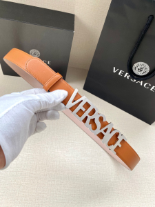 Versace Lettering VERSACE Buckle Plaque Leather Belt Tan 30MM Versace Lettering VERSACE Buckle Plaque Leather Belt Tan 30MM