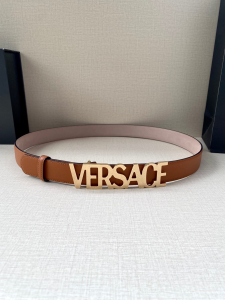 Versace Lettering VERSACE Buckle Plaque Leather Belt Tan 30MM Versace Lettering VERSACE Buckle Plaque Leather Belt Tan 30MM