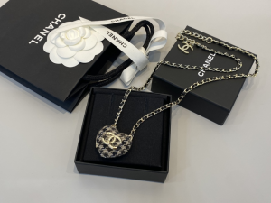 Chanel CC Logo Tweed Heart Pendant Necklace 
