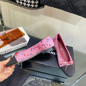 Chanel CC Logo Tweed Ballet Flat Pink 