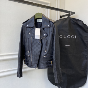 Essenceofluxury Womens Clothing Gucci Black GG Embossed Leather Jacket A198PP1380 AA198285