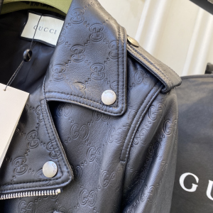 Essenceofluxury Womens Clothing Gucci Black GG Embossed Leather Jacket A198PP1380 AA198285