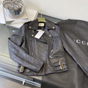 Essenceofluxury Womens Clothing Gucci Black GG Embossed Leather Jacket A198PP1380 AA198285