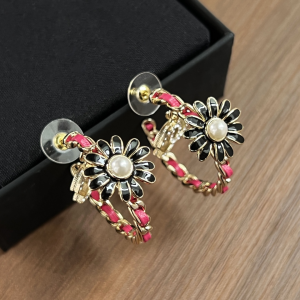 Chanel Black Flower Chain and Leather Earrings 