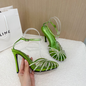 Alevi Milano Penelope Satin Heeled Sandals Completely Covered Baguette Crystal Green 105MM Alevi Milano Penelope Satin Heeled Sandals Completely Covered Baguette Crystal Green 105MM