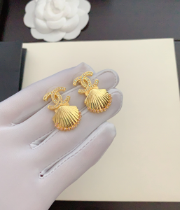 Chanel Crystal CC Gold Shell Earrings 