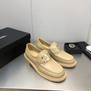Chanel CC Logo Beige Leather Loafers 