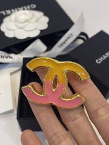 Chanel Yellow Pink CC Logo Brooch 
